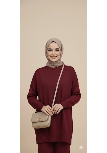 Triko Tunik Pantolon Tesettür Takım Bordo