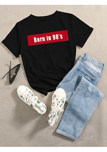 Kadın Beyaz Oversize 90's Baskılı T-shirt Siyah-66968
