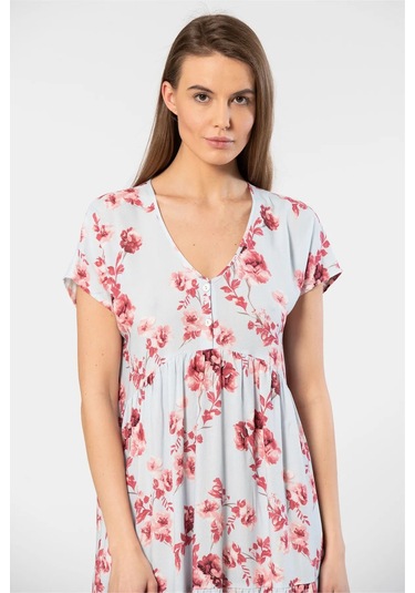 Türen 3602 Kadın Kısa Kollu Dokuma Kloş Elbise-mavi Mavi