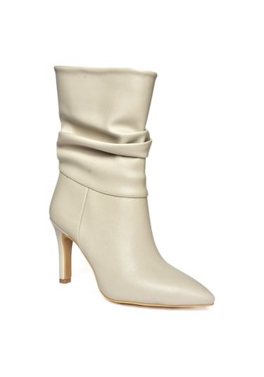 Fox Shoes R404020309 Bej İnce Topuklu Büzgülü Kadın Bot Bej