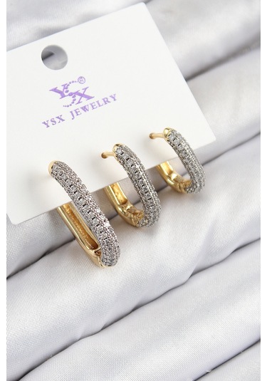 Pirinç Zirkon Taşlı 3'lü Oval Dikdörtgen Model Gold Ve Gümüş Renk Kadın Küpe Çok Renkli