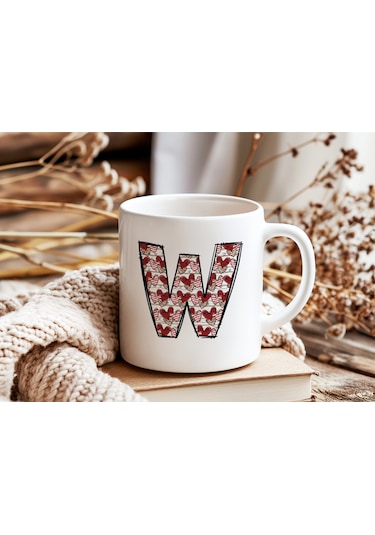 W Harfi Aşk Temalı Kupa - Kalp Desenli Kişiye Özel Romantik Sevgililer Günü Kahve Kupası Beyaz