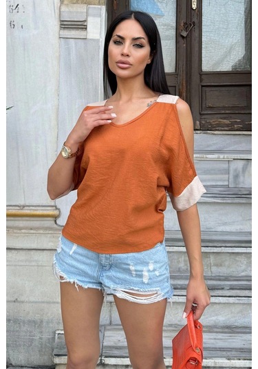 Kadın Kiremit Omuz Dekolteli Kısa Kol, Salaş Keten Bluz Kiremit