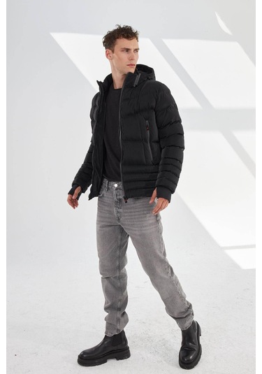 Delpino Dar Kesim Kapüşonlu Şişme Karbon Siyah Erkek Mont 2205 Siyah