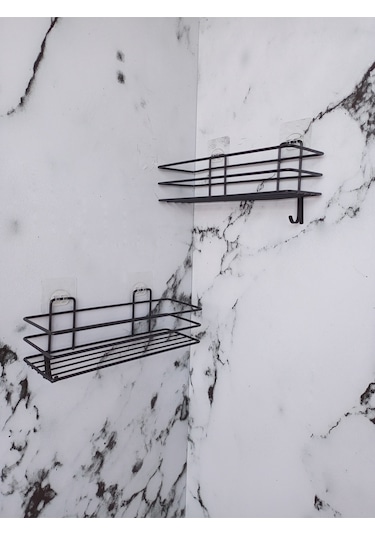 Yapışkanlı Kancalı 2 Adet Banyo Rafı Duş Başlığı Duş Seti Siyah