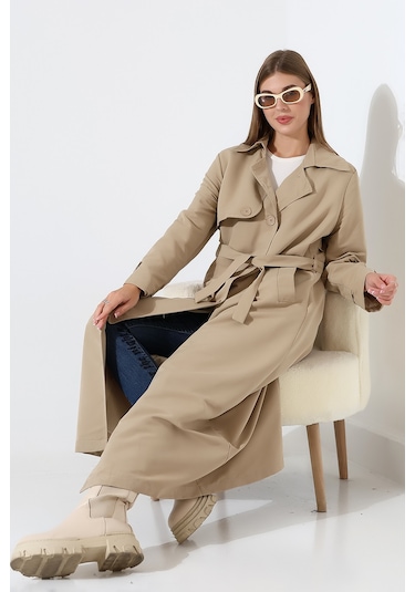 Amazon Keten Kumaş Uzun Boy Düğmeli Astarlı Yumuşak Dokulu Trenç Kot Taş Taş