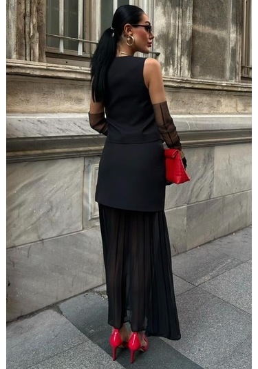 Yelek Ve Pilise Etekli Premium Takım 10096 Si Yah