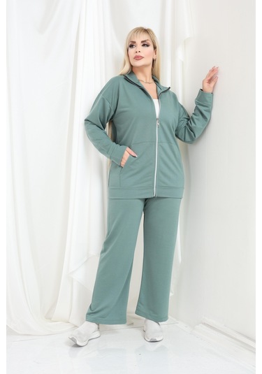 Kadın Büyük Beden Fermuarlı Uzun Kollu Rahat Günlük Eşofman Takım Çağla