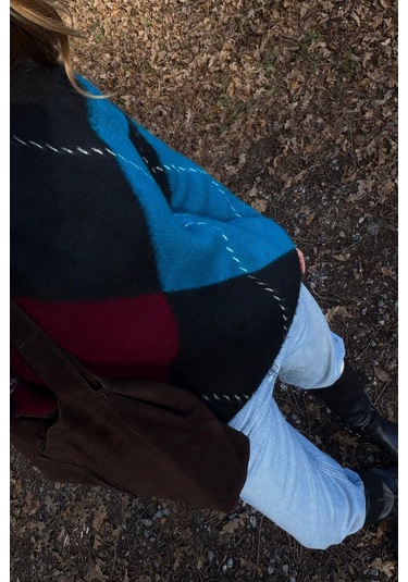 Mavi - Bordo Baklavalı Kazak - 7183 Mavi - Bordo