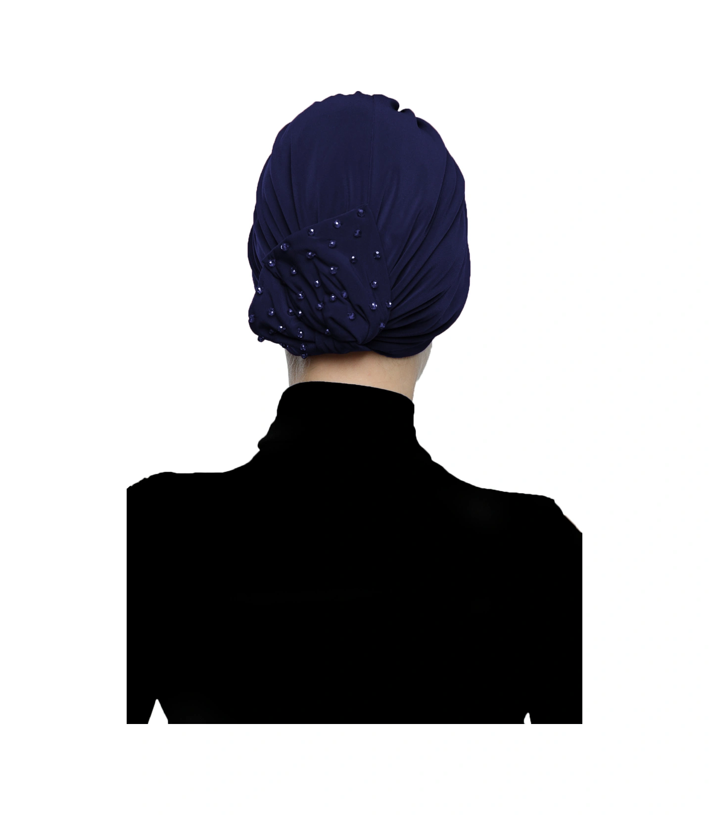 Kristal Yelpaze Taş Işlemeli Çift Taraflı Astarlı Lacivert Hazır Türban Tesettür Abiye Bone Lacivert