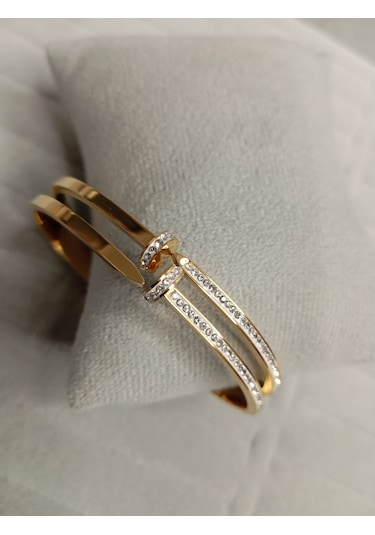 Zirkon Taşlı Çivi Model Gold Renk Kelepçe Bileklik Gold