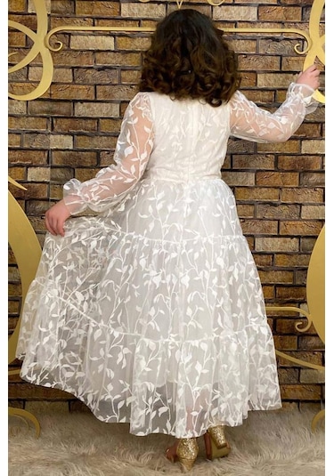 Riccotarz Kız Çocuk Kolları Ve Yakası Şeffaf Tüllü Ve Yaprak Detaylı Beyaz Elbise Beyaz