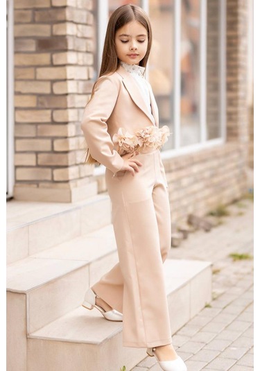 Riccotarz Kız Çocuk Çiçek Broş Detaylı Blazer Ceket Halter Yaka Taş Detaylı Bluz Krem Alt Üst Takım Krem