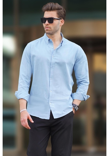 Madmext Mavi Uzun Kollu Pamuklu Keten Görünümlü Erkek Gömlek 6743 Mavi