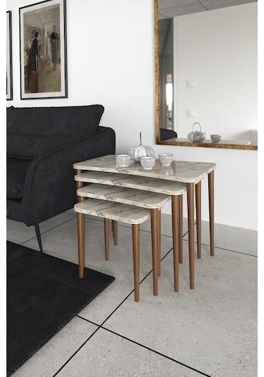 Selena 4Lü Zigon Sehpa Ahşap Ayaklı Salonseti Sehpası Beyaz Mermer