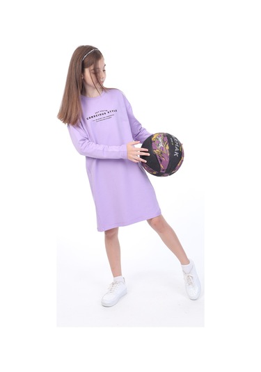 Toontoy Kız Çocuk Bisiklet Yaka Düşük Kol Yazı Baskılı Elbise Lacivert