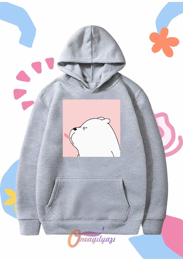 Çocuk Unisex Dil Çıkaran Köpek Baskılı Oversize Kapüşönlü Sweatshirt Gri