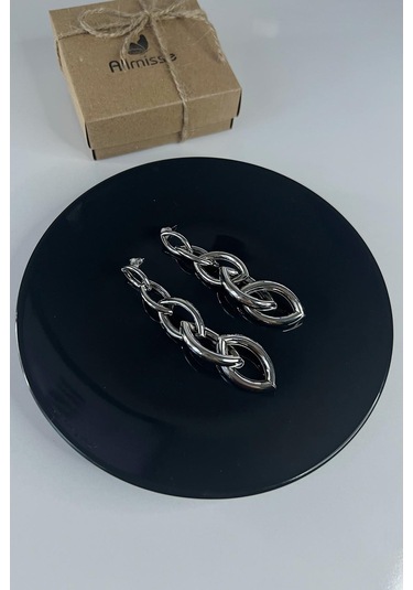 Silver İç İçe Geçmeli Elips Model Sallantılı Çelik Küpe Silver