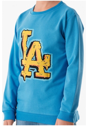 Erkek Çocuk La Yazı Desenli Mavi Renk Sweatshirt Mavi