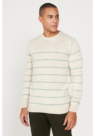 AC&Co / Altınyıldız Classics Erkek Bej Mınt Standart Fit Normal Kesim Bisiklet Yaka Çizgili Triko Bej