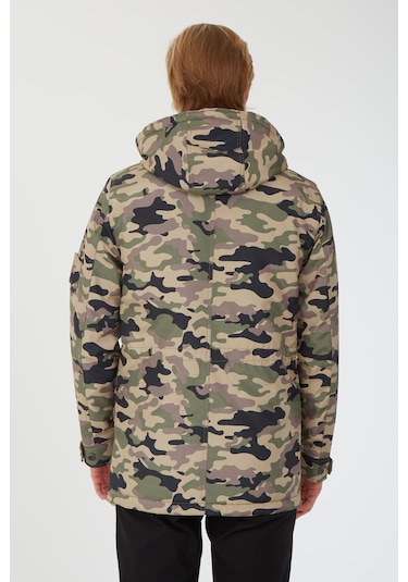 Sposo 1738 Su Itici Kumaş , Kapşonlu Siyahlı Kamuflaj Erkek Kaban Yeşil - Siyah