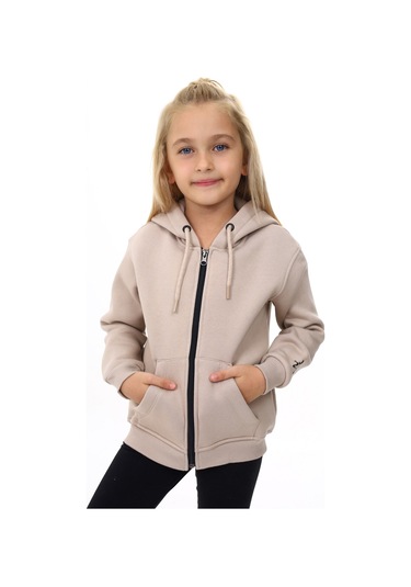 Toontoy Kız Çocuk Kapüşonlu Fermuarlı Cepli Nakış Baskılı Örme Hırka - 2 İplik Şardonlu Bej