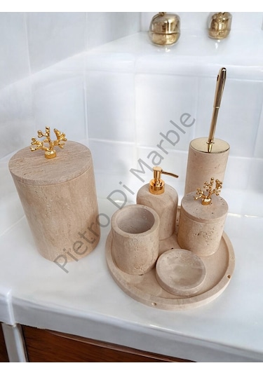 Sarı Traverten Klasik Model 7 Parça Gold Renk Mercan Aksesuarlı Banyo Seti Sarı Traverten