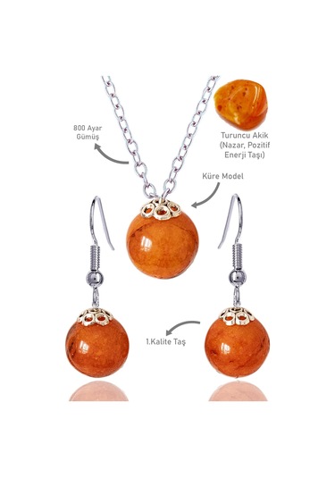 Sertifikalı Küre Orijinal Turuncu Akik Taşı Kolye Ve Küpe Seti - Çok Renkli