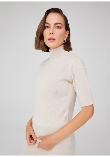 Peraluna Balıkçı Yaka Kısa Kollu İnce Basic Kadın Triko Bluz Ekru-Ekru