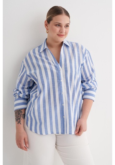V Yaka Çizgili Gömlek-6241 Mavi