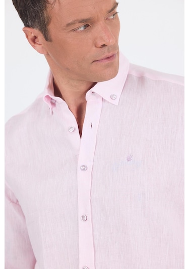 Uzun Kol Düz Keten Düğmeli Yaka Cepsiz Casual Comfort Fit Gömlek 1004250114 Pudra