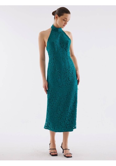 Dantel Halter Yaka Yeşil Elbise Standart