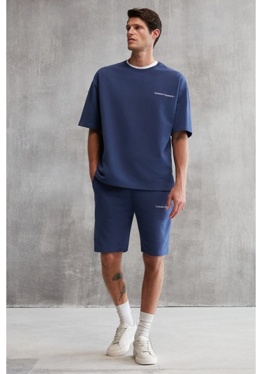 Colombıa  Erkek 2'li Set Comfort Fit Rahat Kalıp Yazı Nakışlı Şardonsuz Lacivert Eşofman Takımı