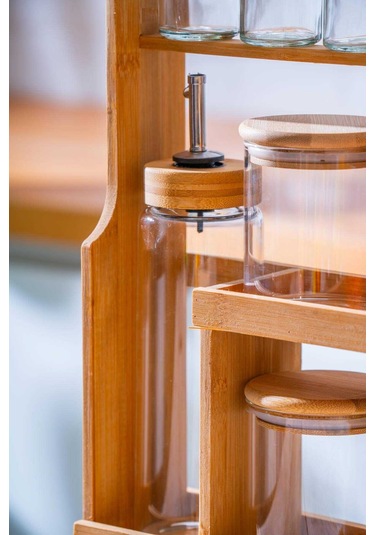 Malibu Bambu Standlı 12 Li Borosilikat Cam Baharatlık Seti Şeffaf