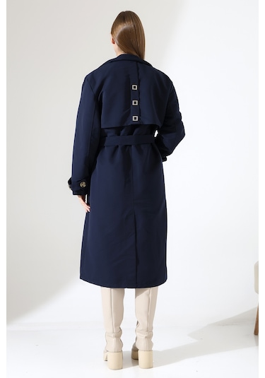 Amazon Keten Kumaş Diz Altı Yumuşak Dokulu Düğmeli Astarlı Trenç Kot Lacivert Lacivert