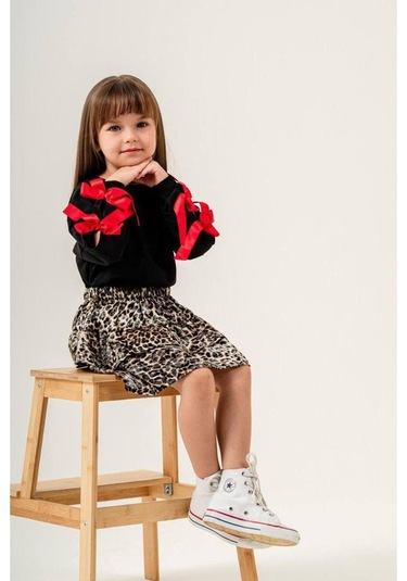 Kız Çocuk Fiyonk Detaylı Sweatshirt Leopar Desenli Etek Takım Siyah