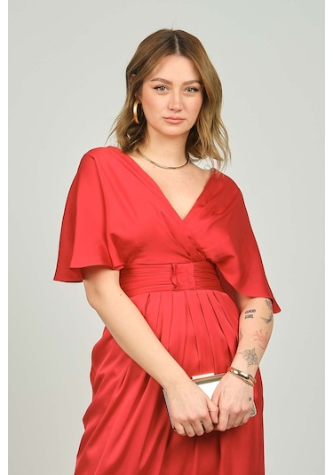 Escoll Kadın Yarasa Kol Uzun Abiye Elbise 1924 Kırmızı