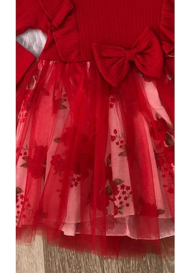 Kız Çocuk Çiçekli Toz Pembe -kırmızı Tütü Doğum Günü Abiye Prenses Şık Elbise Kırmızı