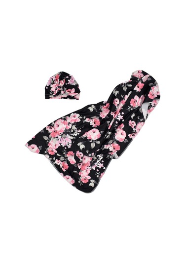 Yaozixa Yeni Doğan Bebek Battaniyesi Ve Şapkalı Sarıtm - Poliester Elbise - Siyah Tabanlı Çiçek Desenli - 86x137 Cm Siyah