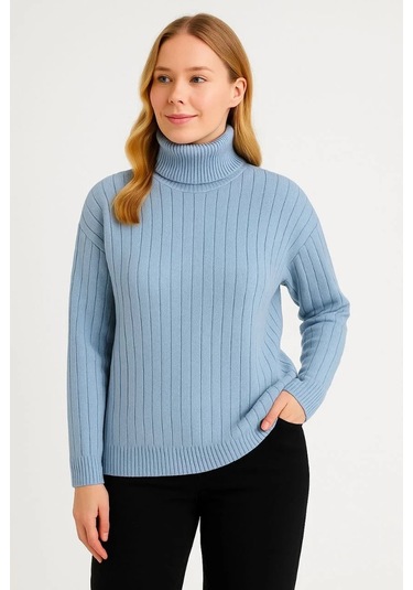 Kadın Balıkcı Yaka Bağazlı Triko Kazak Pamuklu Kalın Fitilli Dokuma - Bebek Mavisi Bebek Mavisi