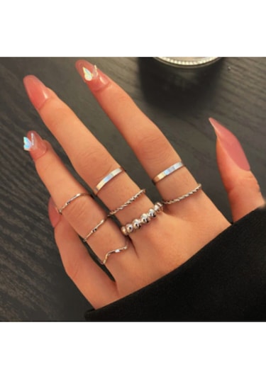 Girift Vintage Chic Metal 8 Adet Halka Yüzük Seti Gri