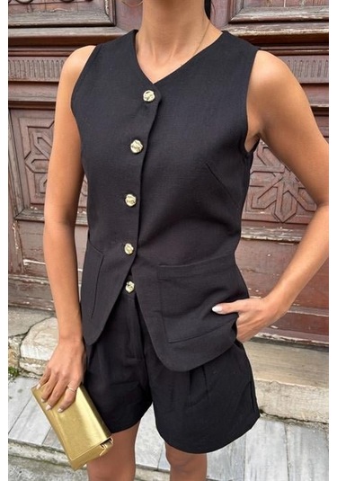 The İstanbul Gold Düğme Detaylı Yelek Şort Cotton Takım 10134-17 Siyah