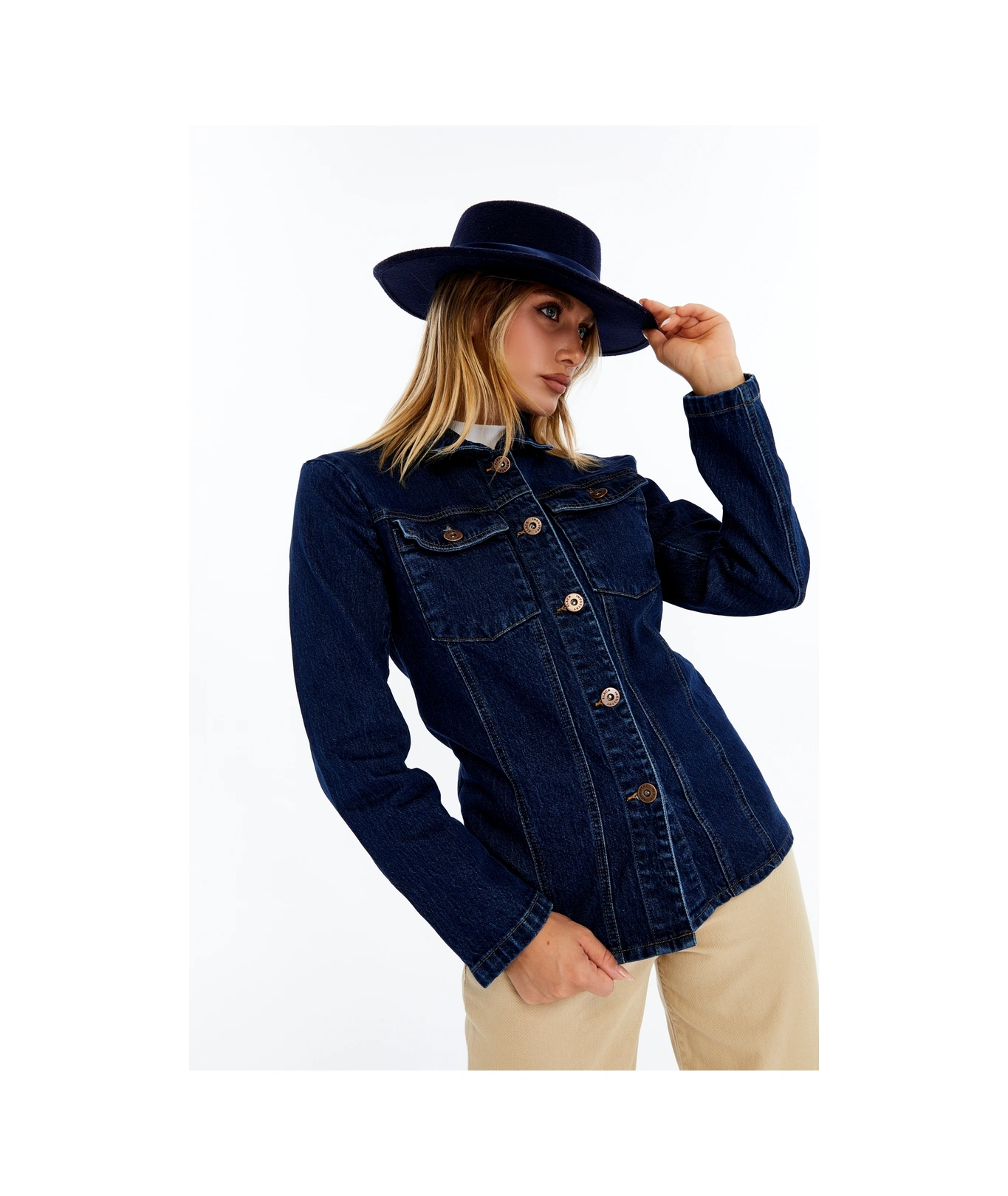 Kadın Denim Ceket Uzun Kollu Jean Ceket, Şık Ve Günlük Kombin Koyu Mavi