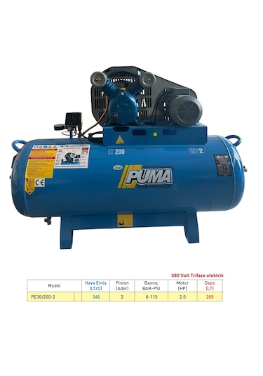 Puma PE30/200-2 8 Bar 380 V 2 Hp 2 Piston 200 L Döküm Kafa Yağlı Kompresör