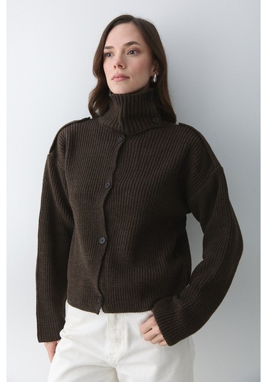 Laluvia Dik Yaka Apoletli Hırka - 2028 Acı Kahve