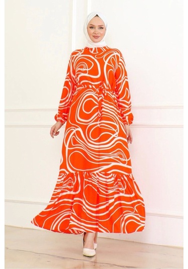 Çizgi Desenli Viskon Elbise - Turuncu Turuncu