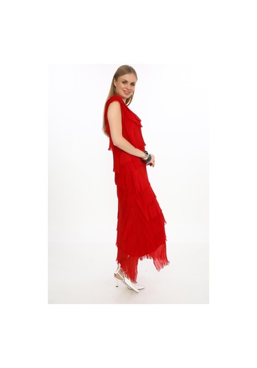 Italyan 2 Beden İnce Gösteren Kat Kat Kolsuz Ipek Elbise-8769 Tam Kırmızı