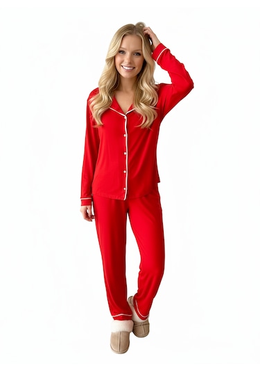 Merlot Kırmızı Düğmeli Biyeli Uzun Pijama Takımı