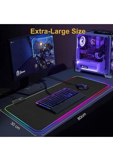 Led Aydınlatmalı Oyuncu Mouse Pad'i - Rgb - Boyut Seçin Siyah 80x30 Cm