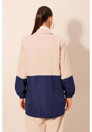 5909 Çift Renkli Mevsimlik Trençkot - Lacivert Lacivert